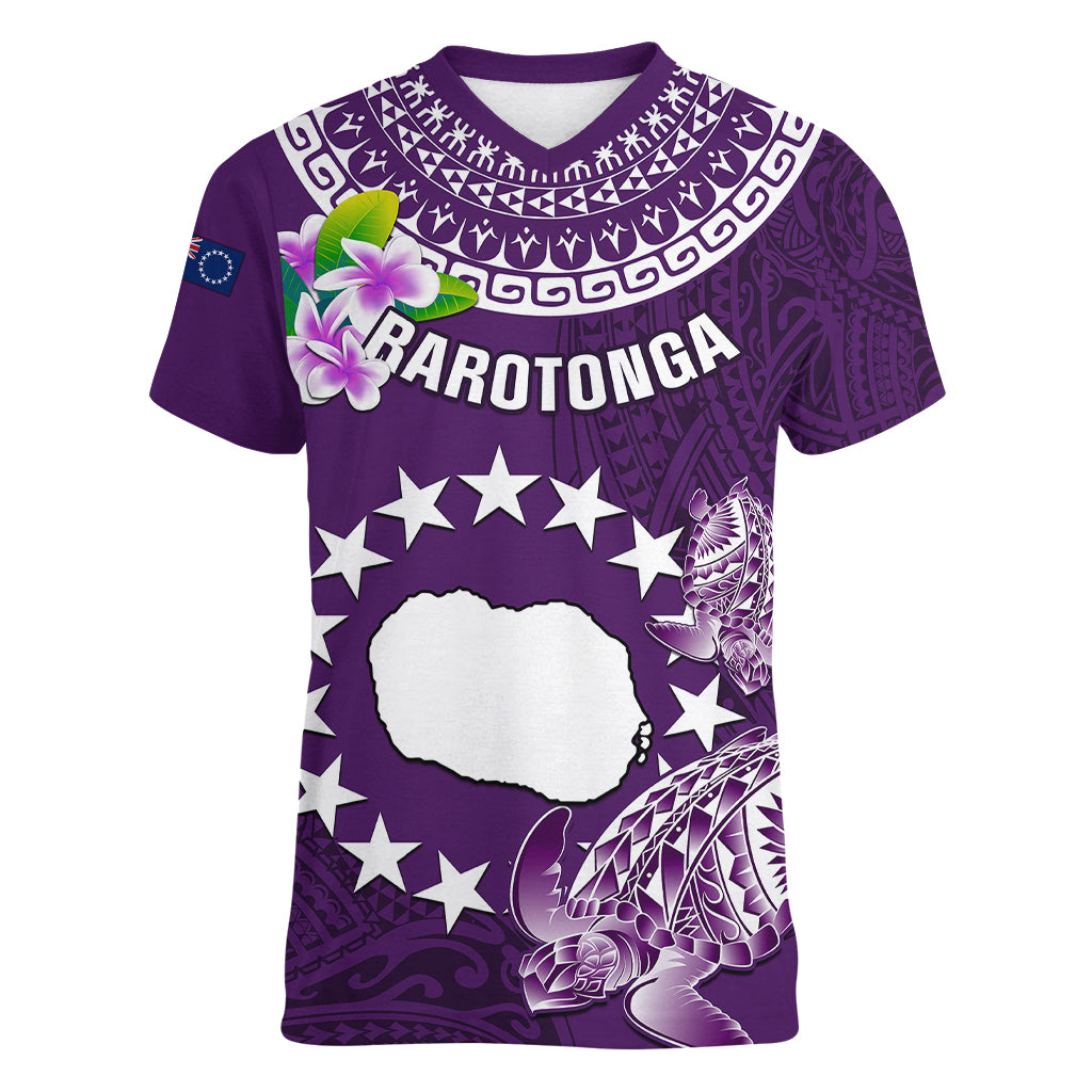 Personalized Cook Islands Rarotonga Women V Neck T Shirt Coat Of Arms Plumeria Polynesian Turtle LT05 Female Purple - Polynesian Pride