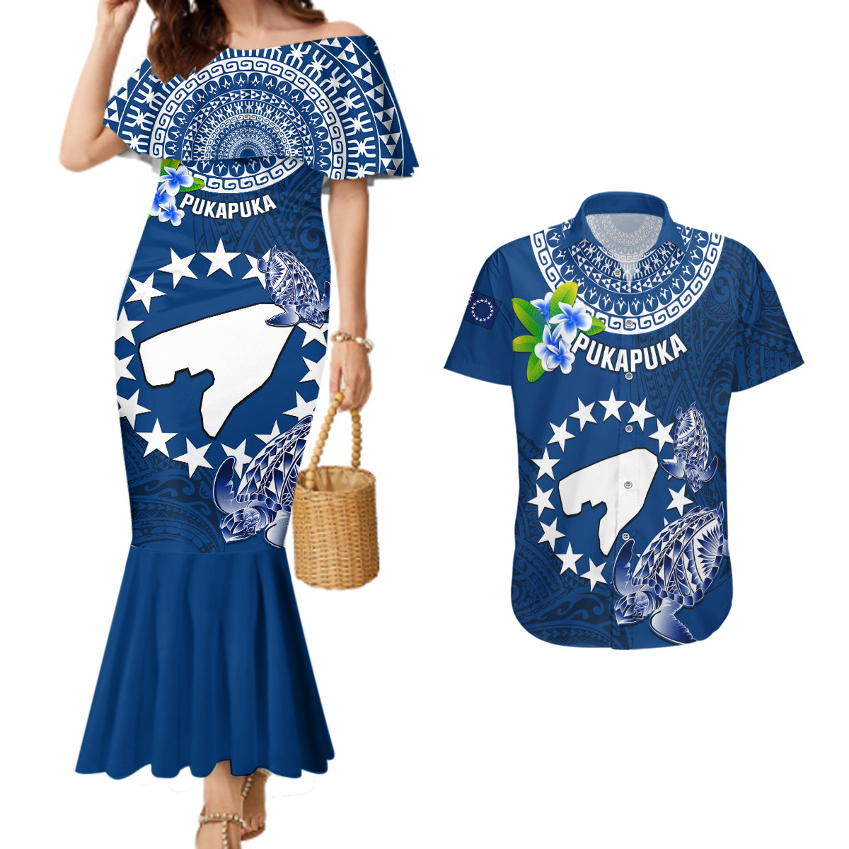 Cook Islands Pukapuka Couples Matching Mermaid Dress and Hawaiian Shirt Coat Of Arms Plumeria Polynesian Turtle LT05 Blue - Polynesian Pride