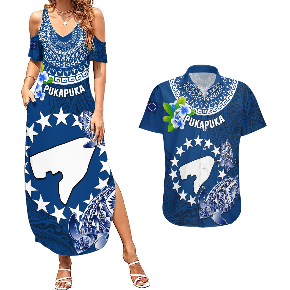 Cook Islands Pukapuka Couples Matching Summer Maxi Dress and Hawaiian Shirt Coat Of Arms Plumeria Polynesian Turtle LT05 Blue - Polynesian Pride