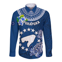 Cook Islands Pukapuka Long Sleeve Button Shirt Coat Of Arms Plumeria Polynesian Turtle LT05 Unisex Blue - Polynesian Pride