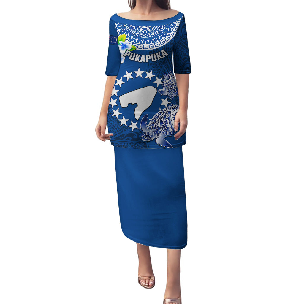 Cook Islands Pukapuka Puletasi Coat Of Arms Plumeria Polynesian Turtle LT05 Long Dress Blue - Polynesian Pride