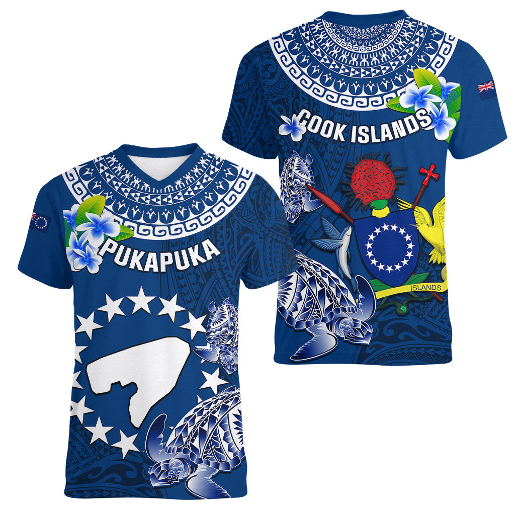 Cook Islands Pukapuka Women V Neck T Shirt Coat Of Arms Plumeria Polynesian Turtle LT05 - Polynesian Pride