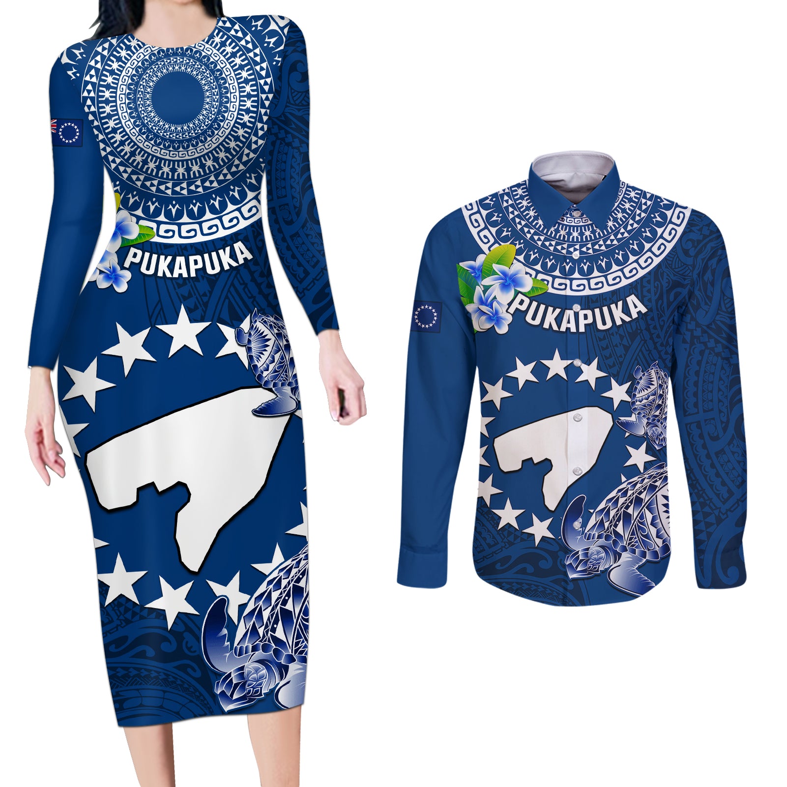 Personalized Cook Islands Pukapuka Couples Matching Long Sleeve Bodycon Dress and Long Sleeve Button Shirts Coat Of Arms Plumeria Polynesian Turtle LT05 Blue - Polynesian Pride