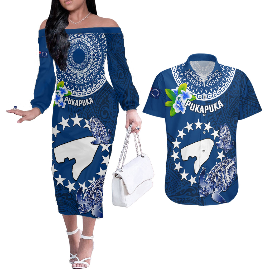 Personalized Cook Islands Pukapuka Couples Matching Off The Shoulder Long Sleeve Dress and Hawaiian Shirt Coat Of Arms Plumeria Polynesian Turtle LT05 Blue - Polynesian Pride