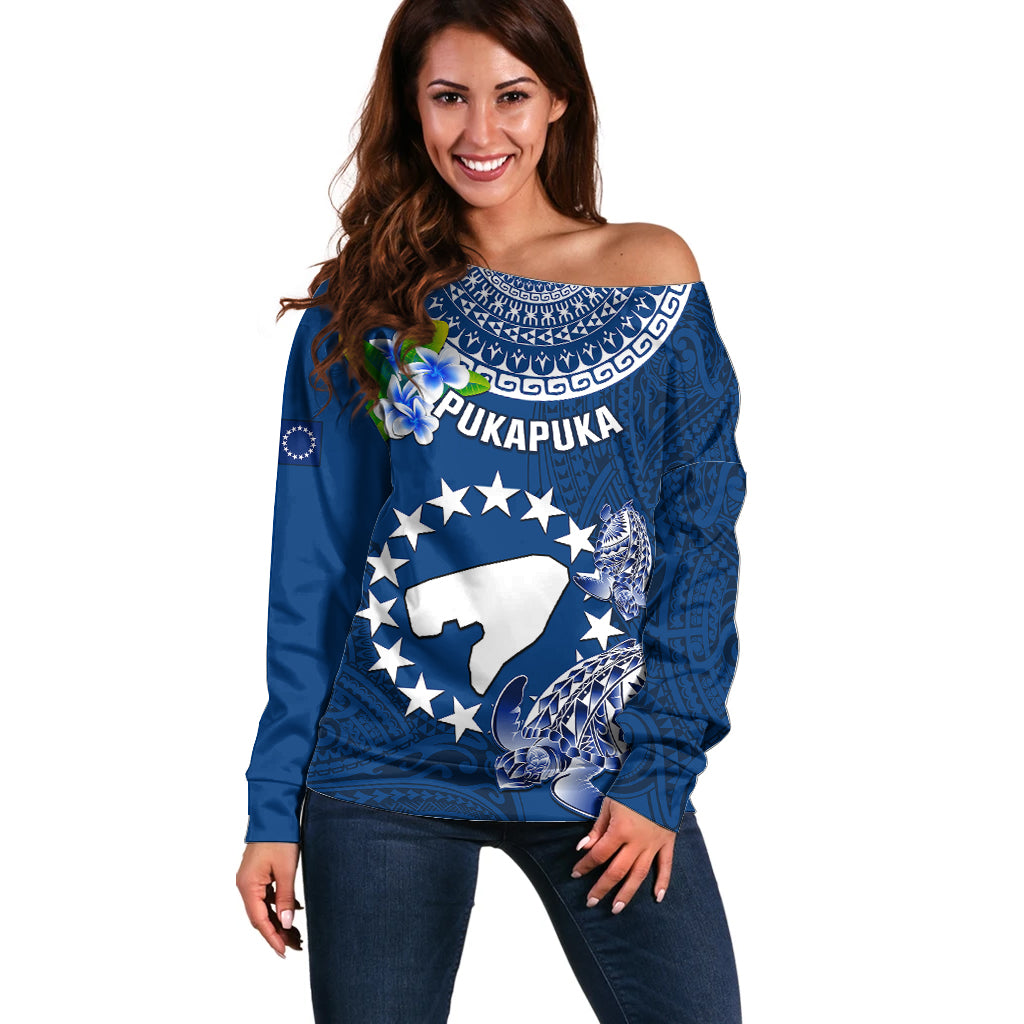 Personalized Cook Islands Pukapuka Off Shoulder Sweater Coat Of Arms Plumeria Polynesian Turtle LT05 Women Blue - Polynesian Pride