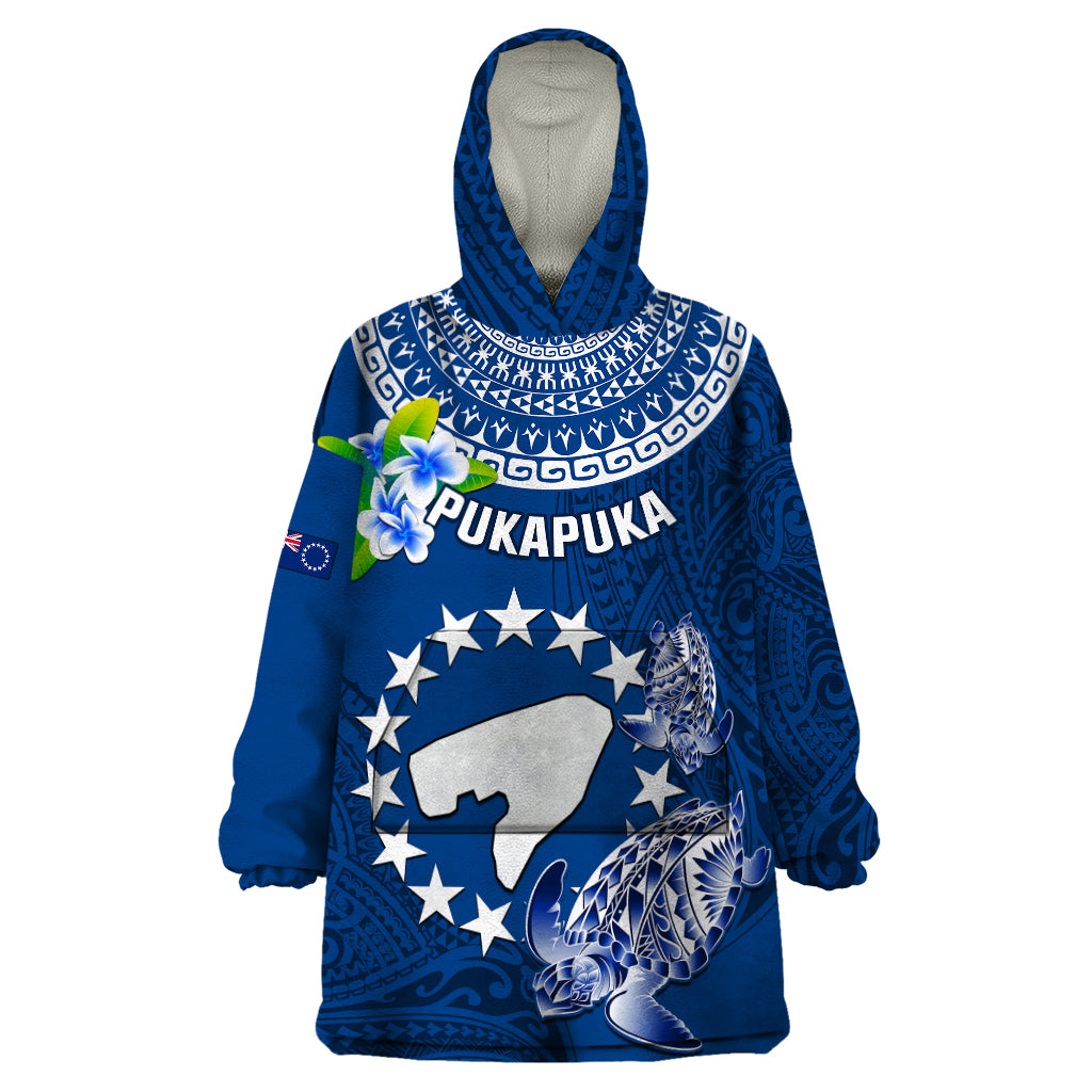 Personalized Cook Islands Pukapuka Wearable Blanket Hoodie Coat Of Arms Plumeria Polynesian Turtle LT05 One Size Blue - Polynesian Pride