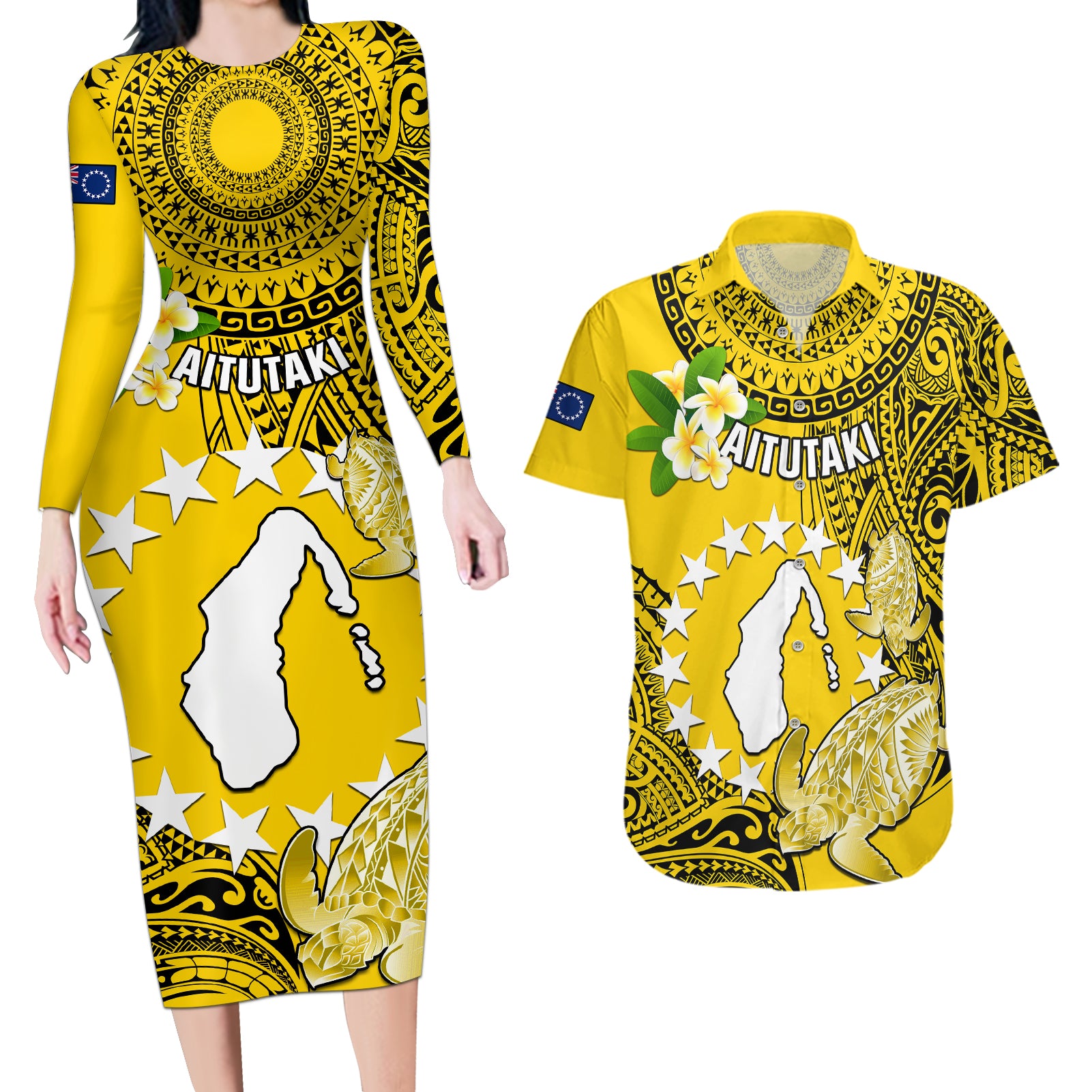 Cook Islands Aitutaki Couples Matching Long Sleeve Bodycon Dress and Hawaiian Shirt Coat Of Arms Plumeria Polynesian Turtle LT05 Yellow - Polynesian Pride