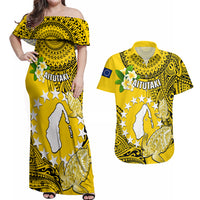 Cook Islands Aitutaki Couples Matching Off Shoulder Maxi Dress and Hawaiian Shirt Coat Of Arms Plumeria Polynesian Turtle LT05 Yellow - Polynesian Pride