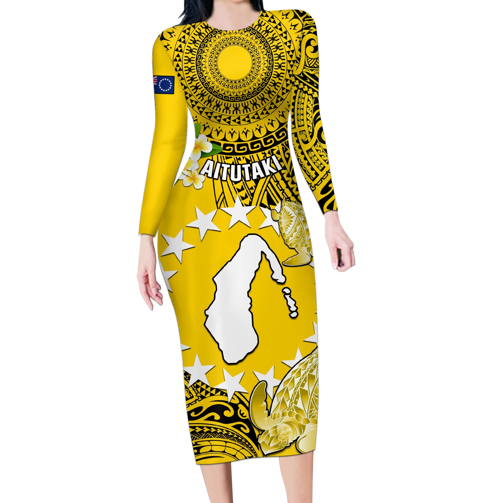 Cook Islands Aitutaki Long Sleeve Bodycon Dress Coat Of Arms Plumeria Polynesian Turtle LT05 Long Dress Yellow - Polynesian Pride