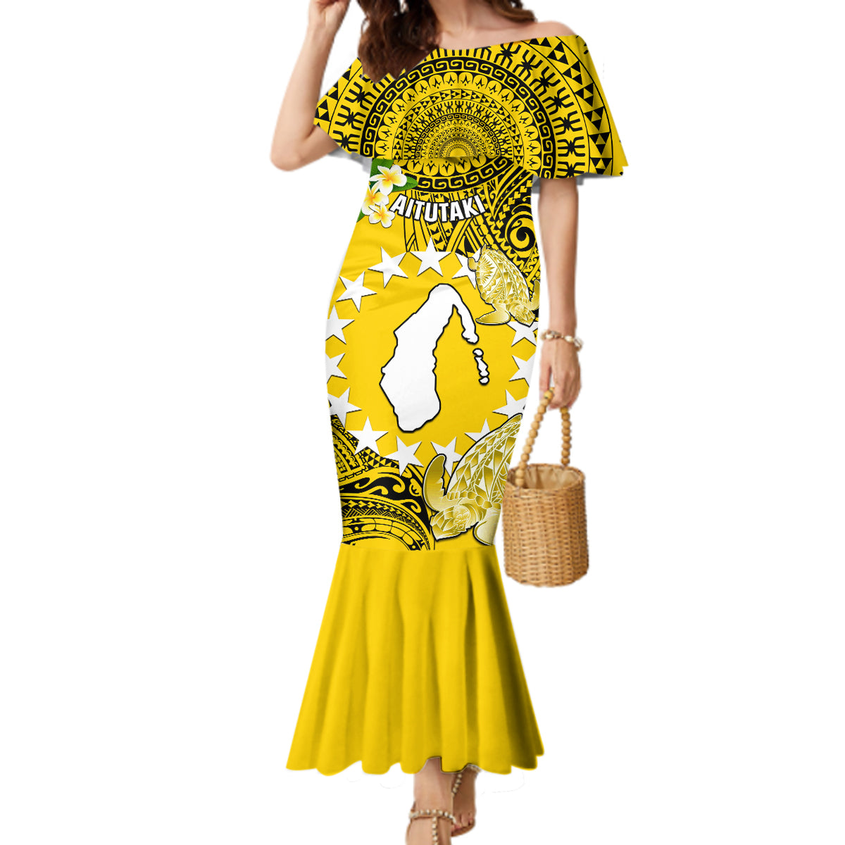 Cook Islands Aitutaki Mermaid Dress Coat Of Arms Plumeria Polynesian Turtle LT05 Women Yellow - Polynesian Pride