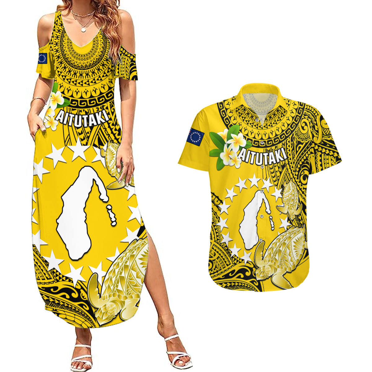 Personalized Cook Islands Aitutaki Couples Matching Summer Maxi Dress and Hawaiian Shirt Coat Of Arms Plumeria Polynesian Turtle LT05 Yellow - Polynesian Pride