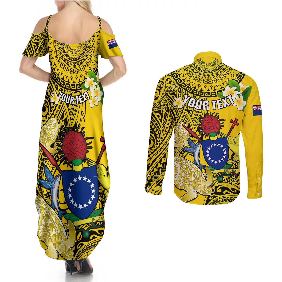 Personalized Cook Islands Aitutaki Couples Matching Summer Maxi Dress and Long Sleeve Button Shirts Coat Of Arms Plumeria Polynesian Turtle LT05 - Polynesian Pride