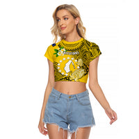 Personalized Cook Islands Aitutaki Raglan Cropped T Shirt Coat Of Arms Plumeria Polynesian Turtle LT05 Female Yellow - Polynesian Pride