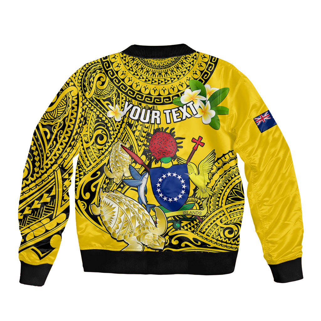 Personalized Cook Islands Aitutaki Sleeve Zip Bomber Jacket Coat Of Arms Plumeria Polynesian Turtle LT05 - Polynesian Pride