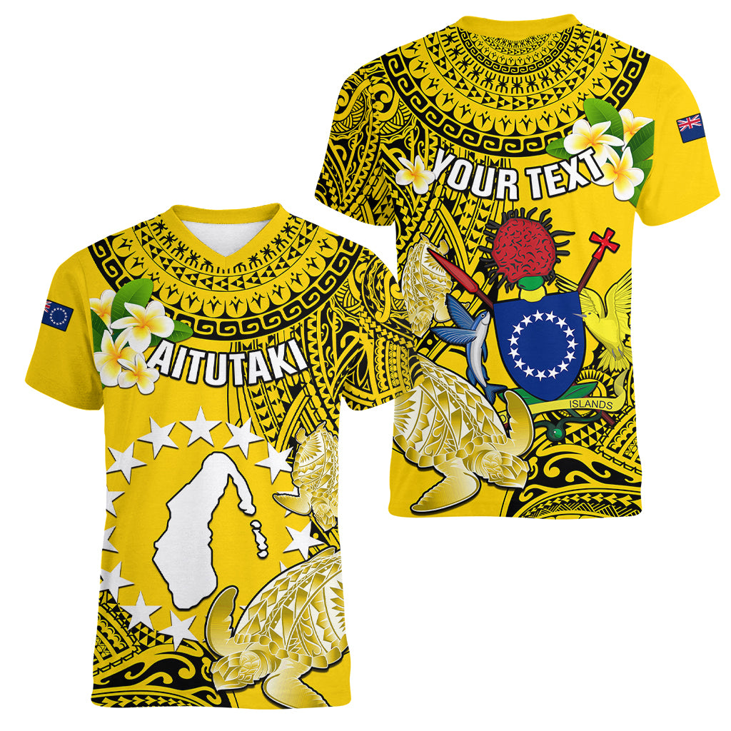 Personalized Cook Islands Aitutaki Women V Neck T Shirt Coat Of Arms Plumeria Polynesian Turtle LT05 - Polynesian Pride