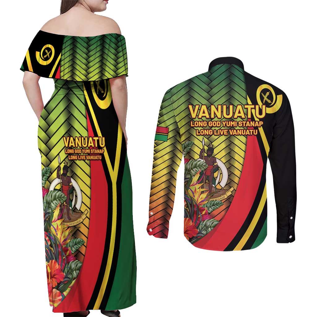 Vanuatu Constitution Day Couples Matching Off Shoulder Maxi Dress and Long Sleeve Button Shirt Long Live Vanuatu LT05 - Polynesian Pride