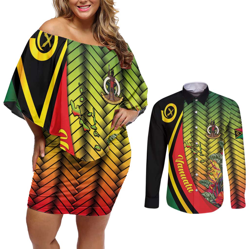 Vanuatu Constitution Day Couples Matching Off Shoulder Short Dress and Long Sleeve Button Shirt Long Live Vanuatu LT05 Colorful - Polynesian Pride