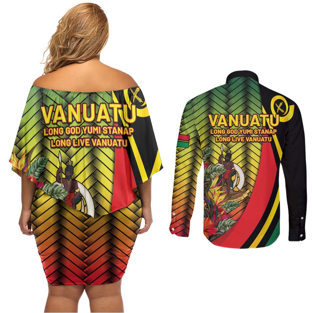 Vanuatu Constitution Day Couples Matching Off Shoulder Short Dress and Long Sleeve Button Shirt Long Live Vanuatu LT05 - Polynesian Pride