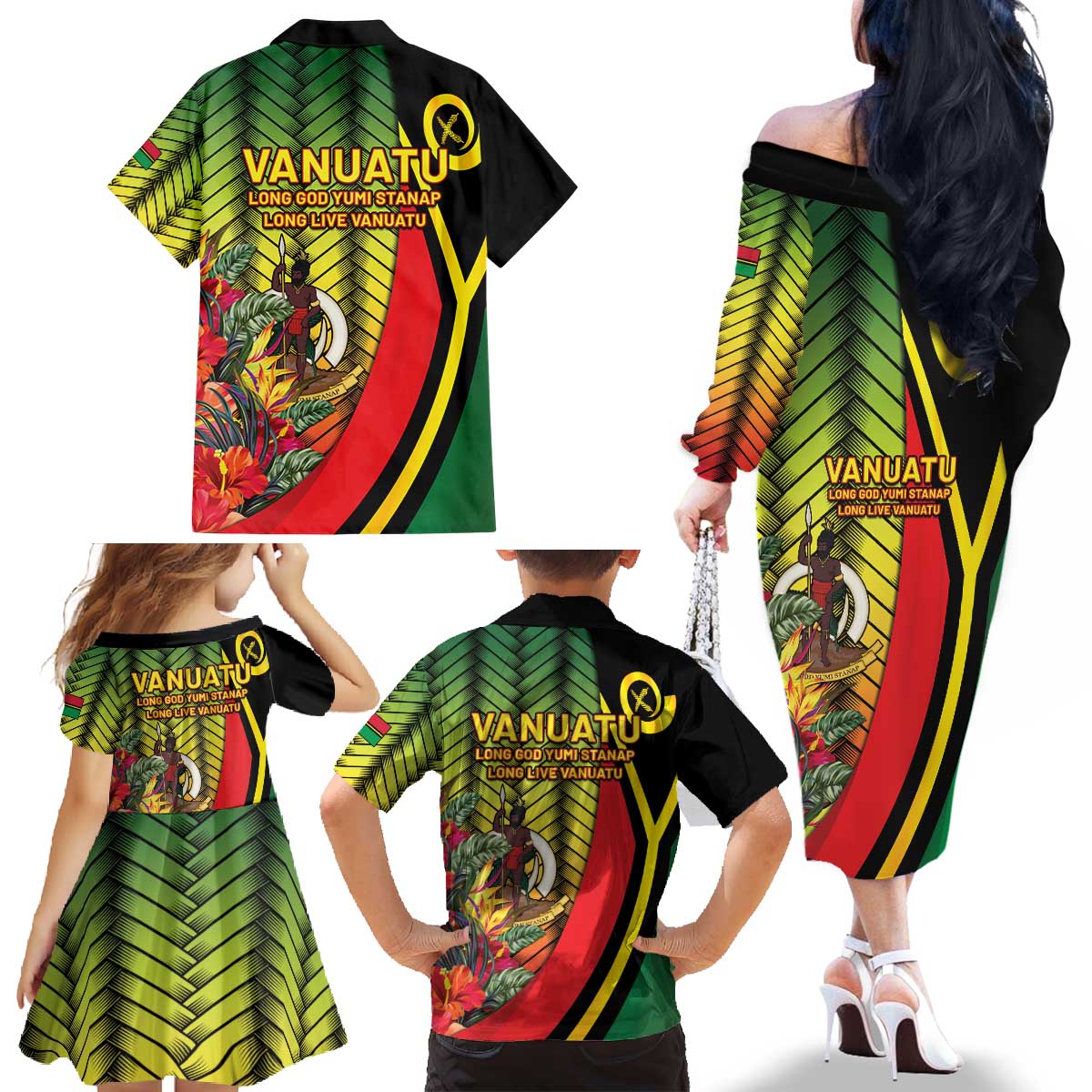 Vanuatu Constitution Day Family Matching Off The Shoulder Long Sleeve Dress and Hawaiian Shirt Long Live Vanuatu - Polynesian Pride