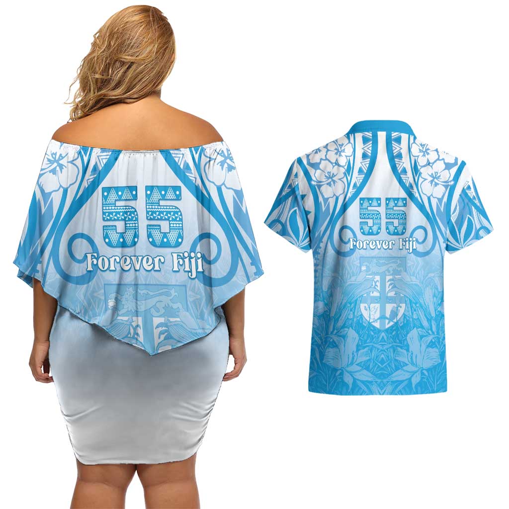 Fiji Day Couples Matching Off Shoulder Short Dress and Hawaiian Shirt 55th Anniversary Forever Fiji - Polynesian Pride