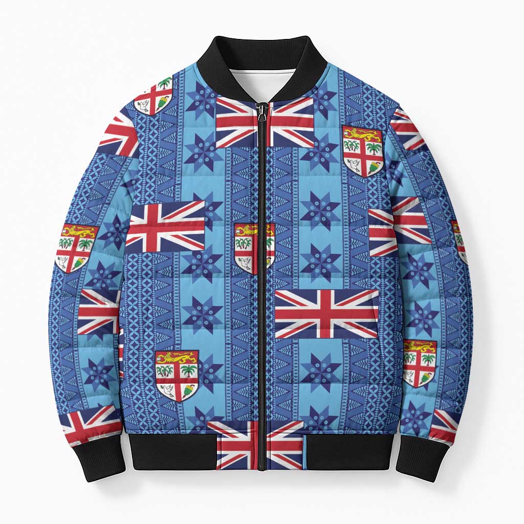 Fiji Masi Tapa Bomber Puffer Jacket Coat Of Arms LT05 Unisex Blue - Polynesian Pride