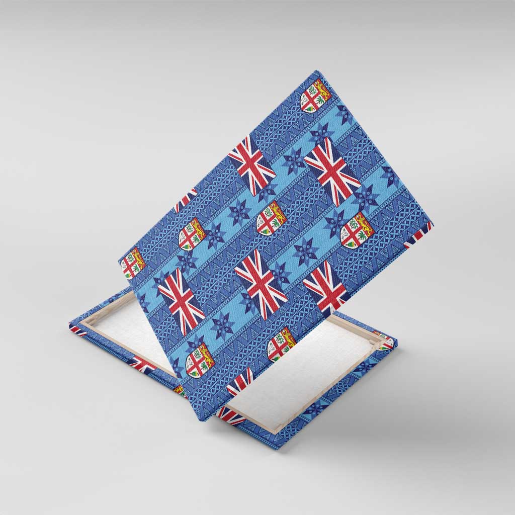 Fiji Masi Tapa Canvas Wall Art Coat Of Arms LT05 With Frame Blue - Polynesian Pride
