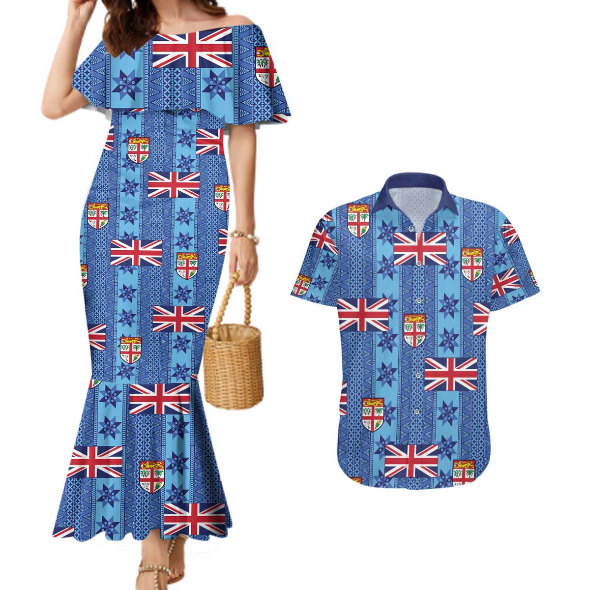 Fiji Masi Tapa Couples Matching Mermaid Dress and Hawaiian Shirt Coat Of Arms - Polynesian Pride