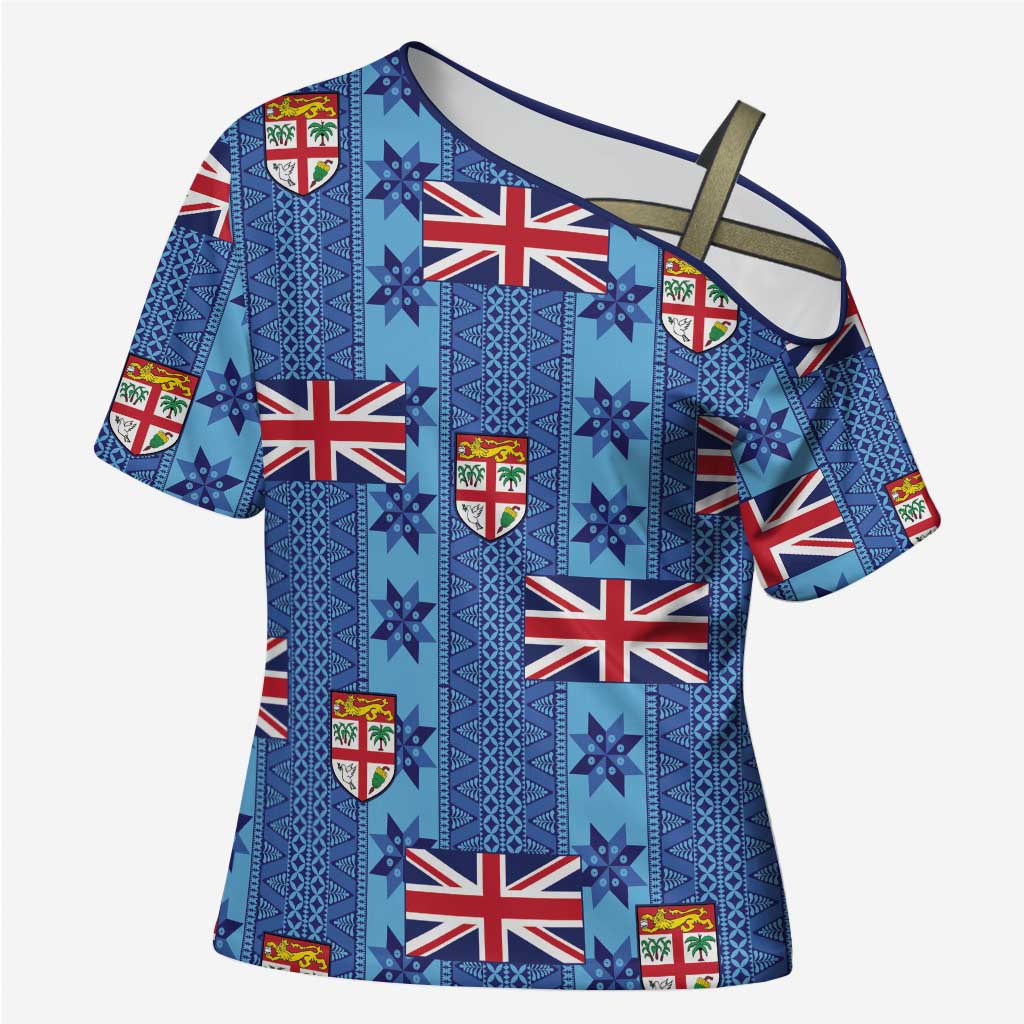 Fiji Masi Tapa Cross Shoulder Shirt Coat Of Arms LT05 Female Blue - Polynesian Pride