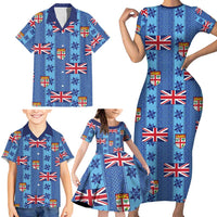 Fiji Masi Tapa Family Matching Short Sleeve Bodycon Dress and Hawaiian Shirt Coat Of Arms - Polynesian Pride