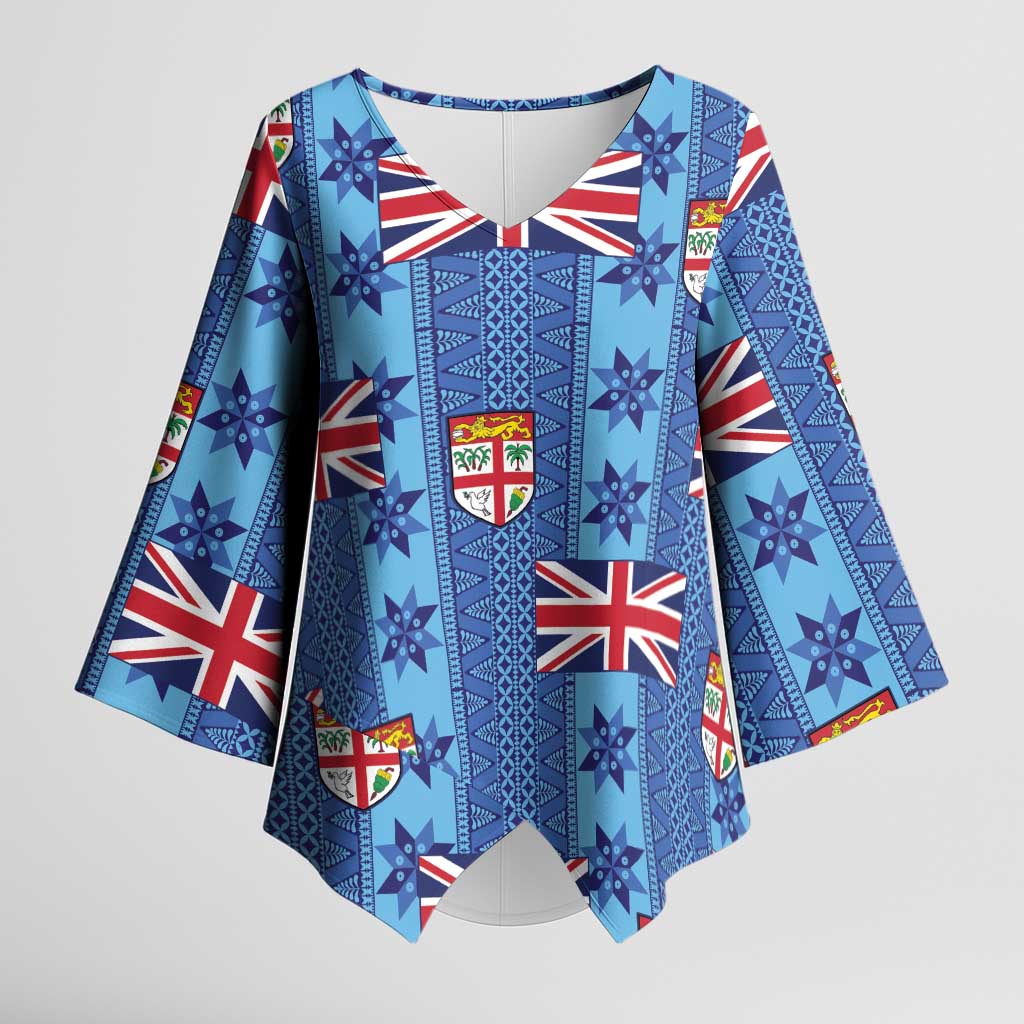 Fiji Masi Tapa Kimono Sleeve Blouse Coat Of Arms LT05 Female Blue - Polynesian Pride