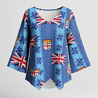 Fiji Masi Tapa Kimono Sleeve Blouse Coat Of Arms LT05 Female Blue - Polynesian Pride
