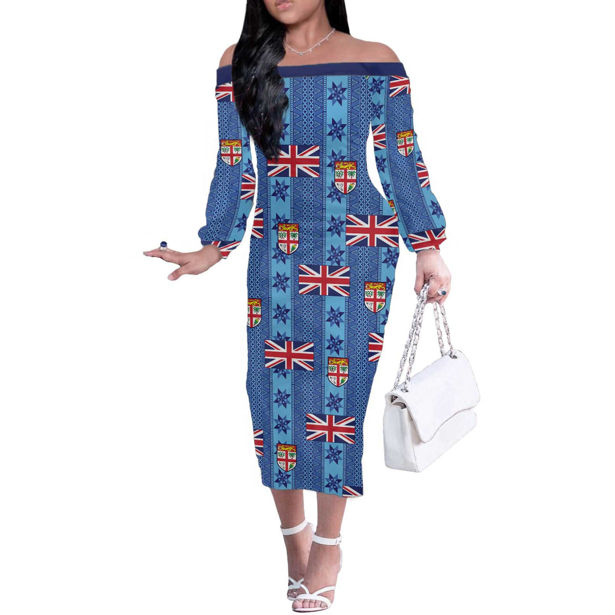 Fiji Masi Tapa Off The Shoulder Long Sleeve Dress Coat Of Arms - Polynesian Pride