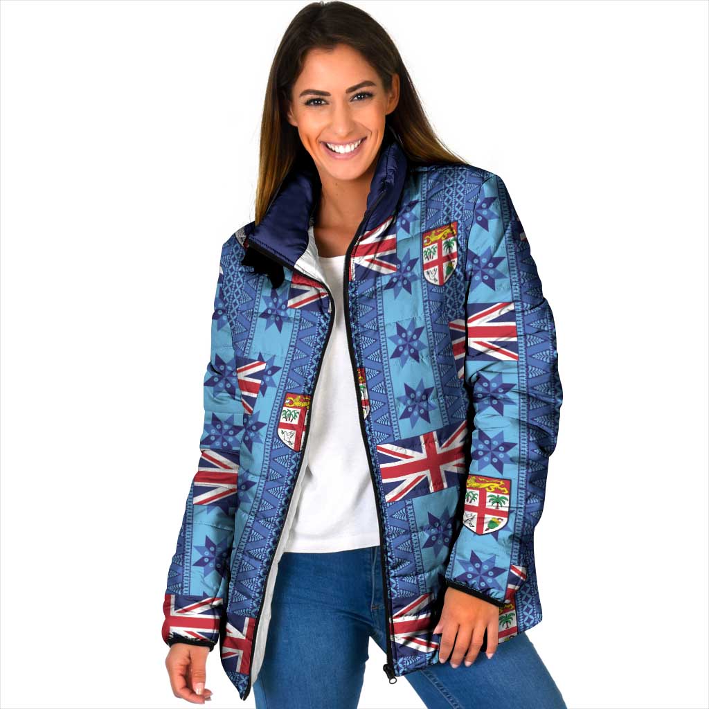 Fiji Masi Tapa Padded Jacket Coat Of Arms LT05 Women Blue - Polynesian Pride