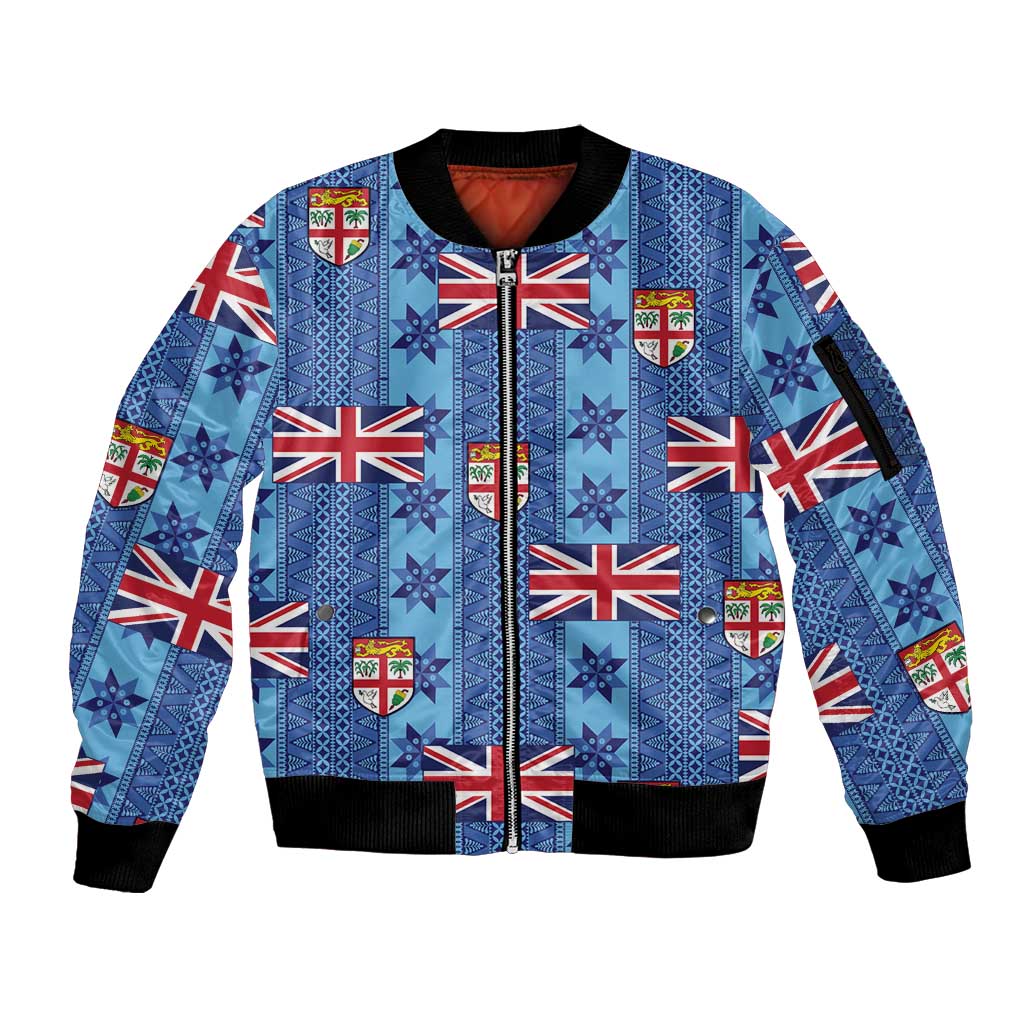 Fiji Masi Tapa Sleeve Zip Bomber Jacket Coat Of Arms LT05 Unisex Blue - Polynesian Pride