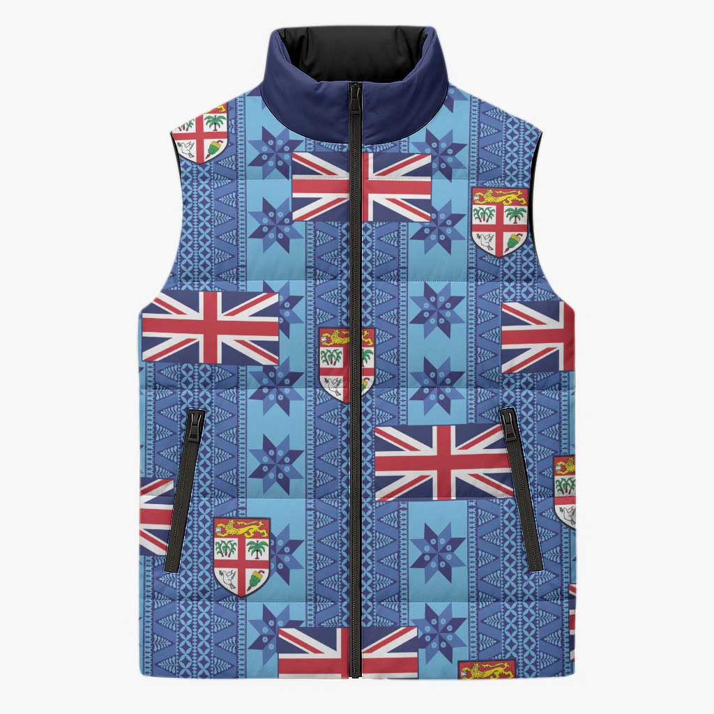Fiji Masi Tapa Sleeveless Puffer Jacket Coat Of Arms LT05 Unisex Blue - Polynesian Pride