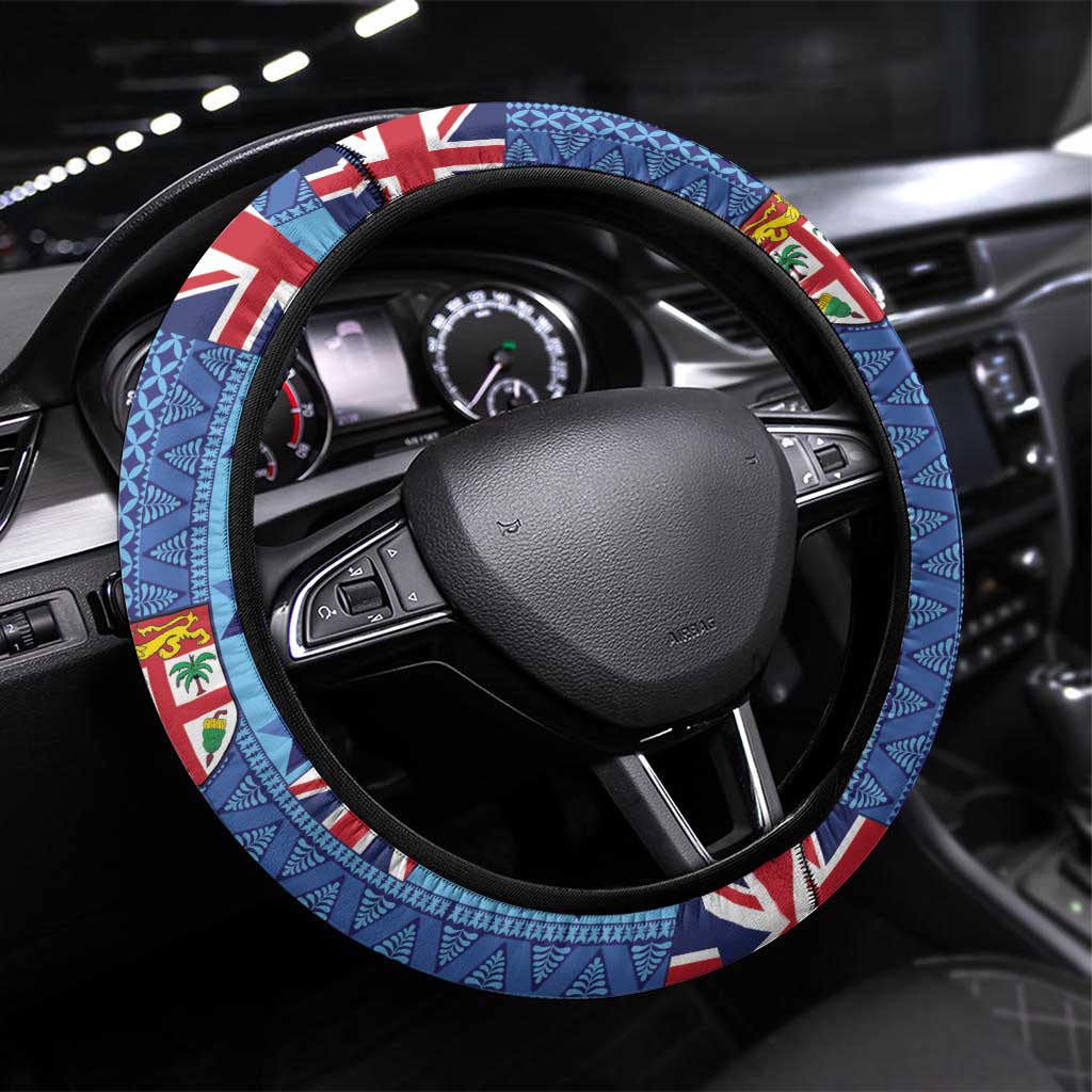 Fiji Masi Tapa Steering Wheel Cover Coat Of Arms LT05 Universal Fit Blue - Polynesian Pride