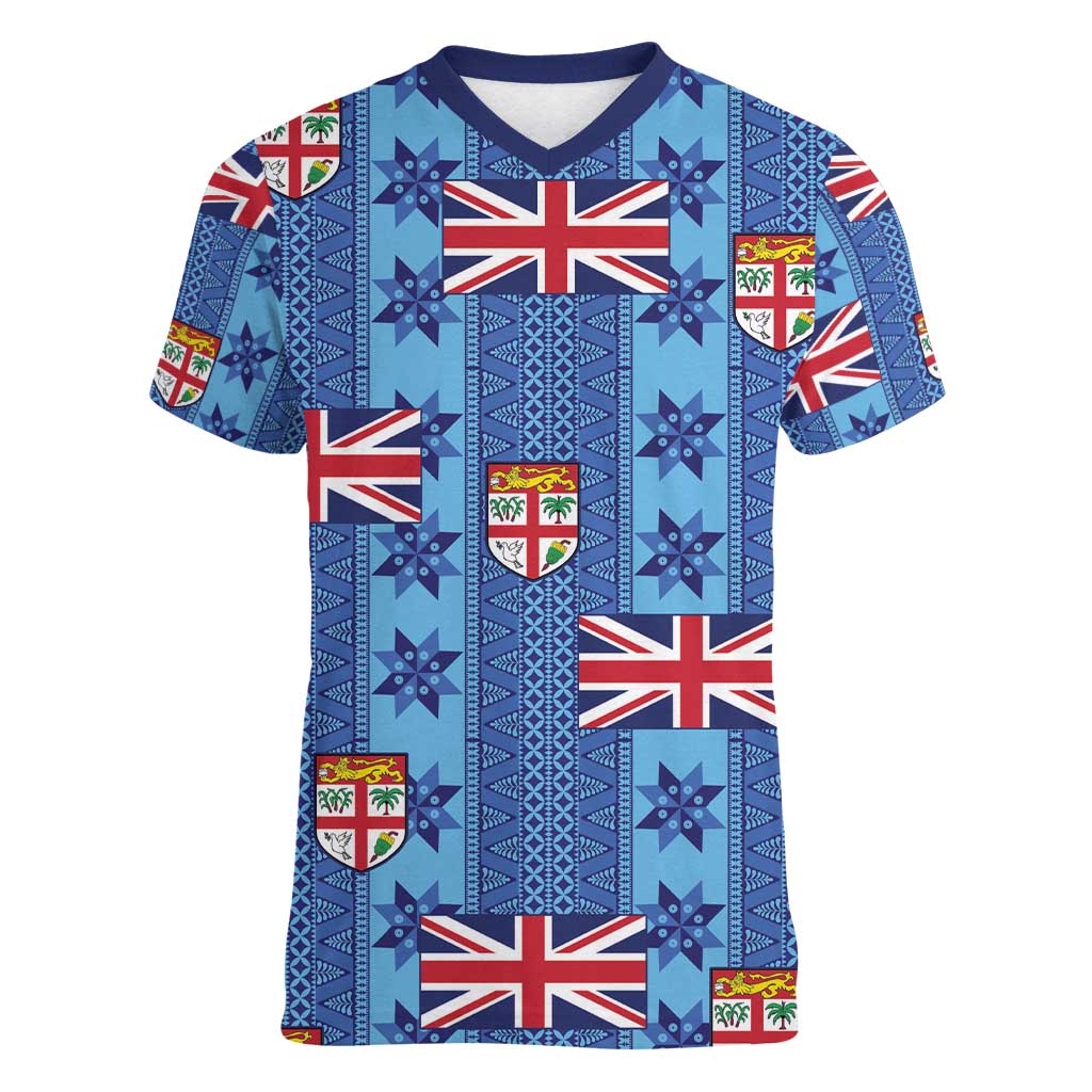 Fiji Masi Tapa Women V-Neck T-Shirt Coat Of Arms - Polynesian Pride
