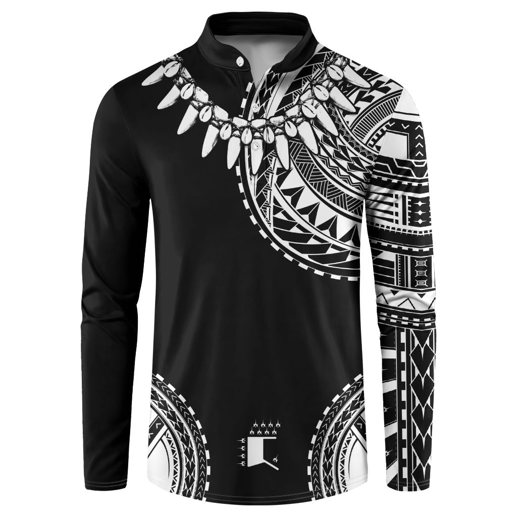 Polynesian Chief Inspired Costume Button Sweatshirt Tribal Pattern With Tooth Necklace Black LT05 Black - Polynesian Pride