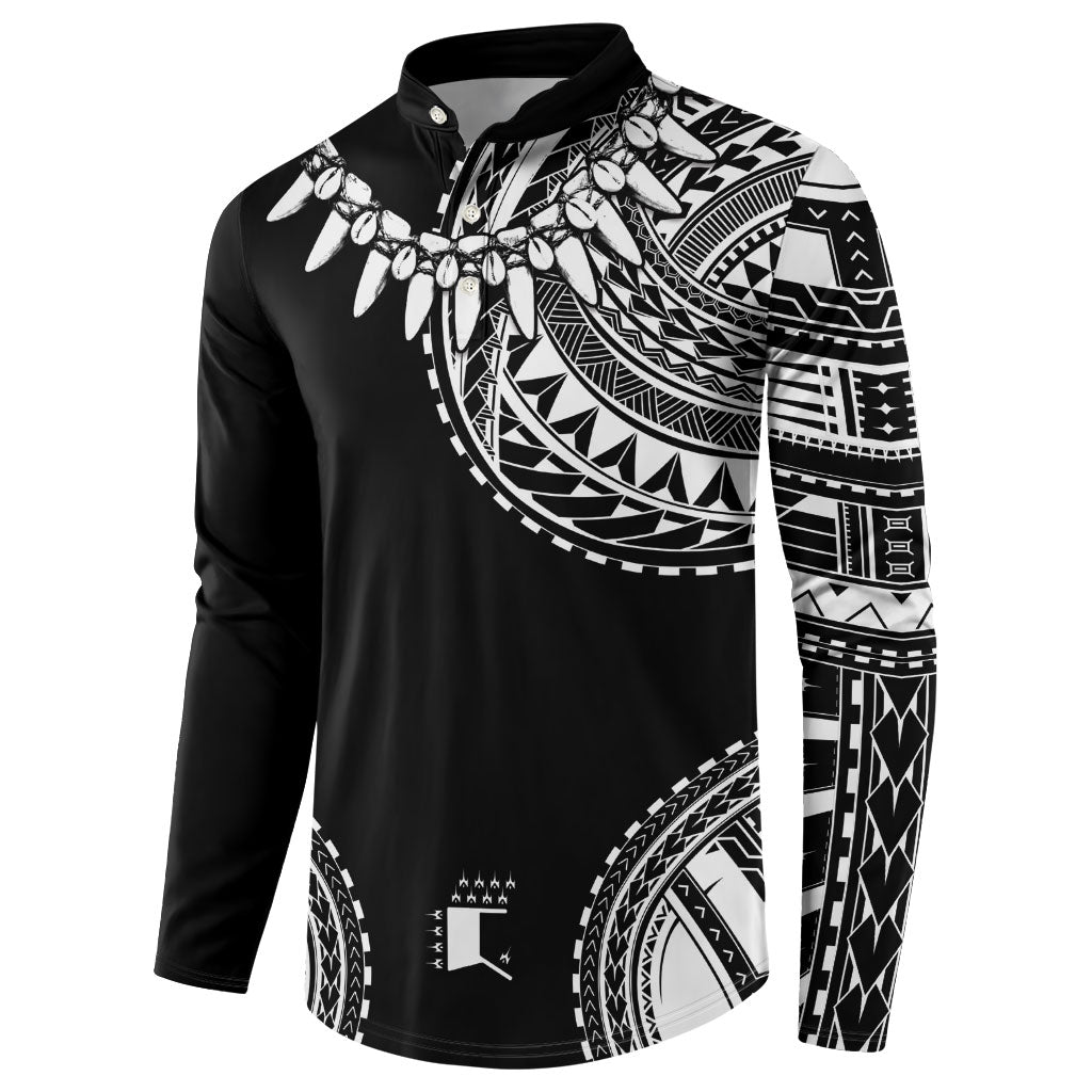 Polynesian Chief Inspired Costume Button Sweatshirt Tribal Pattern With Tooth Necklace Black LT05 - Polynesian Pride