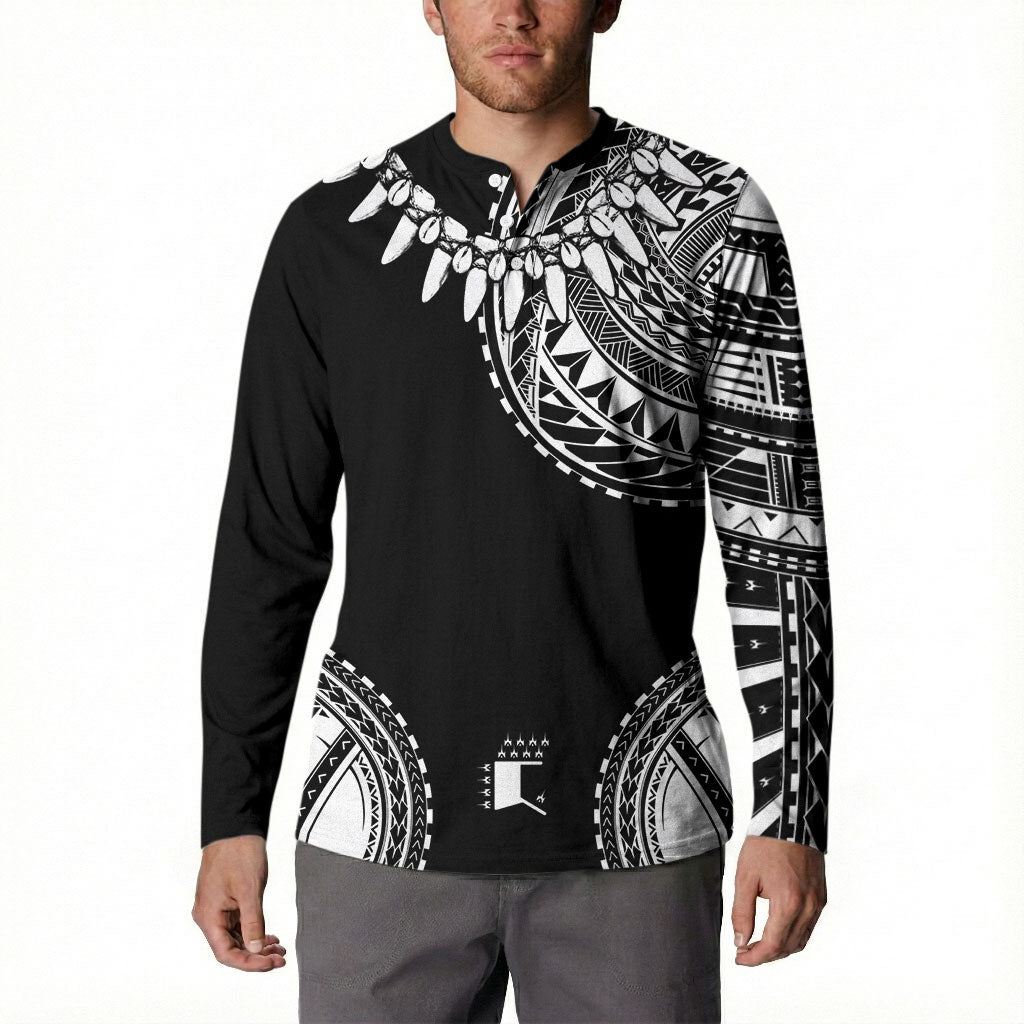 Polynesian Chief Inspired Costume Button Sweatshirt Tribal Pattern With Tooth Necklace Black LT05 - Polynesian Pride