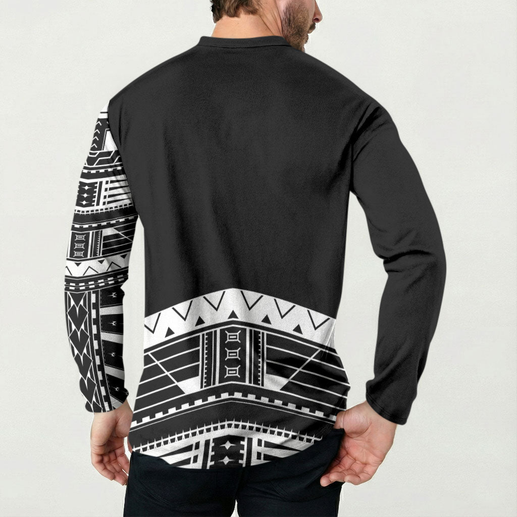 Polynesian Chief Inspired Costume Button Sweatshirt Tribal Pattern With Tooth Necklace Black LT05 - Polynesian Pride