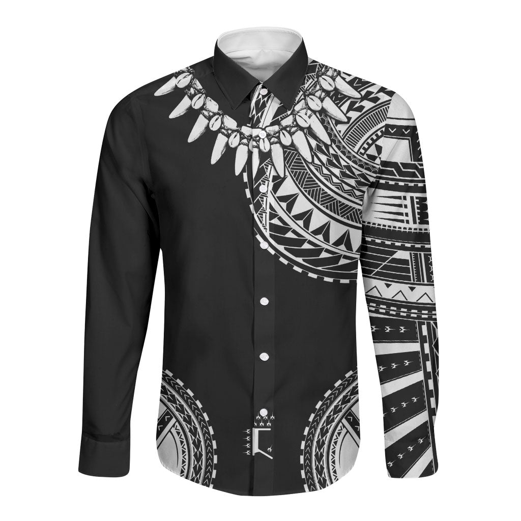 Polynesian Chief Inspired Costume Long Sleeve Button Shirt Tribal Pattern With Tooth Necklace Black LT05 Unisex Black - Polynesian Pride