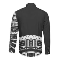 Polynesian Chief Inspired Costume Long Sleeve Button Shirt Tribal Pattern With Tooth Necklace Black LT05 - Polynesian Pride