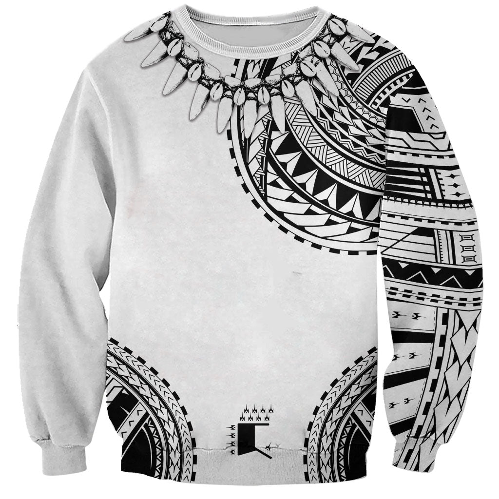 Polynesian Chief Inspired Costume Sweatshirt Tribal Pattern With Tooth Necklace White LT05 Unisex White - Polynesian Pride
