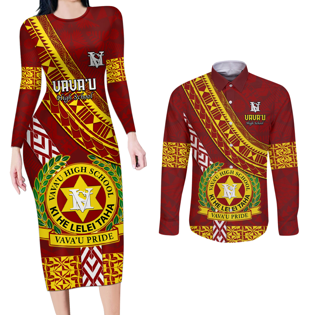 Custom Vavau High School Couples Matching Long Sleeve Bodycon Dress and Long Sleeve Button Shirts Tongan Kupesi Pattern LT05 Red - Polynesian Pride