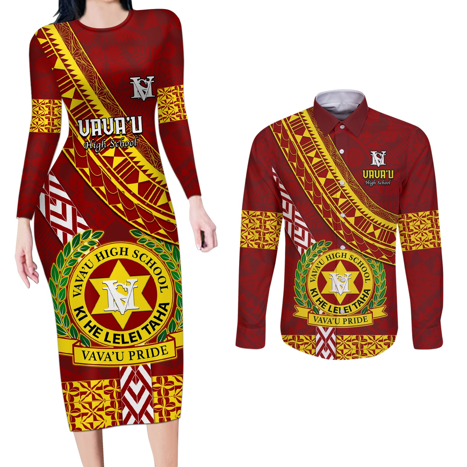Custom Vavau High School Couples Matching Long Sleeve Bodycon Dress and Long Sleeve Button Shirts Tongan Kupesi Pattern LT05 Red - Polynesian Pride