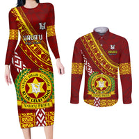 Custom Vavau High School Couples Matching Long Sleeve Bodycon Dress and Long Sleeve Button Shirts Tongan Kupesi Pattern LT05 Red - Polynesian Pride