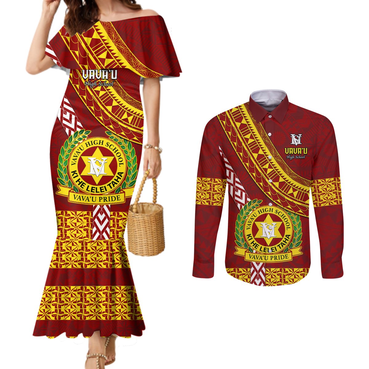 Custom Vavau High School Couples Matching Mermaid Dress and Long Sleeve Button Shirts Tongan Kupesi Pattern LT05 Red - Polynesian Pride