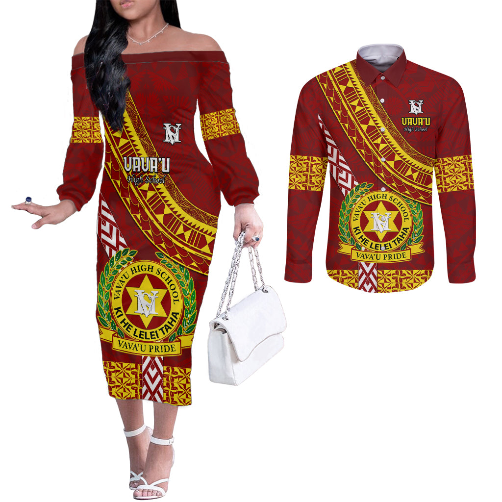 Custom Vavau High School Couples Matching Off The Shoulder Long Sleeve Dress and Long Sleeve Button Shirts Tongan Kupesi Pattern LT05 Red - Polynesian Pride