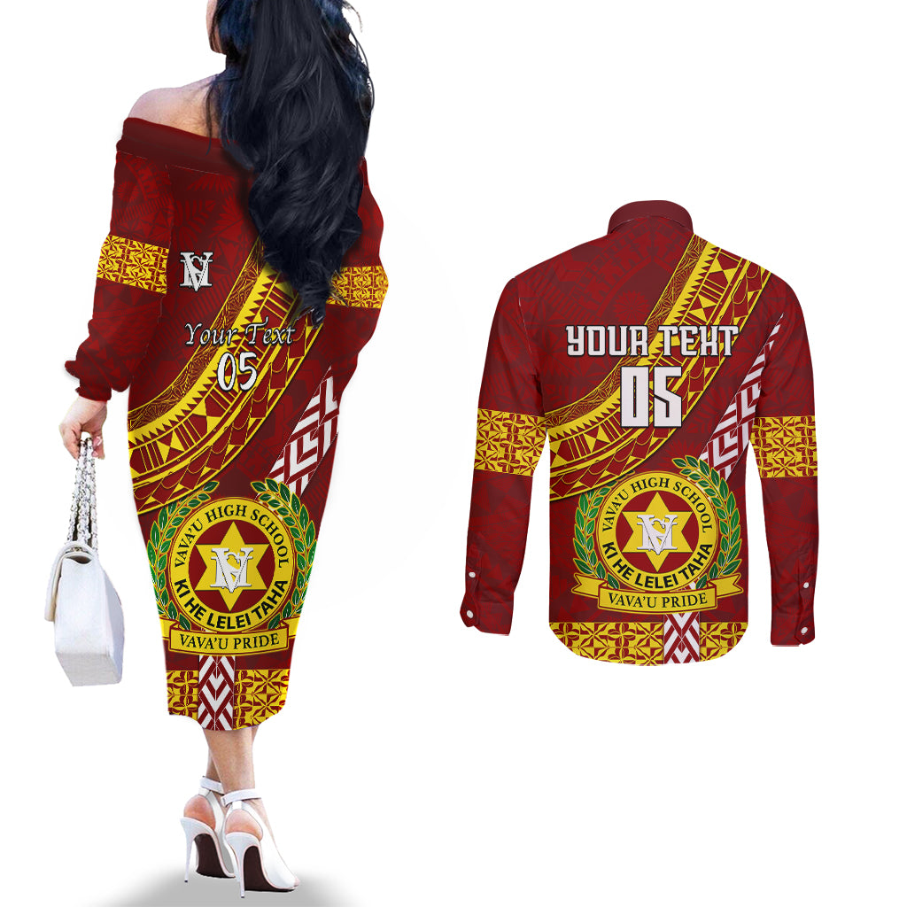 Custom Vavau High School Couples Matching Off The Shoulder Long Sleeve Dress and Long Sleeve Button Shirts Tongan Kupesi Pattern LT05 - Polynesian Pride